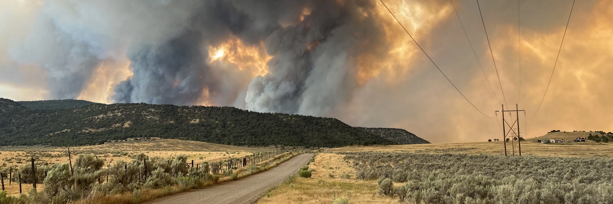 Power lines running through mountain landscape