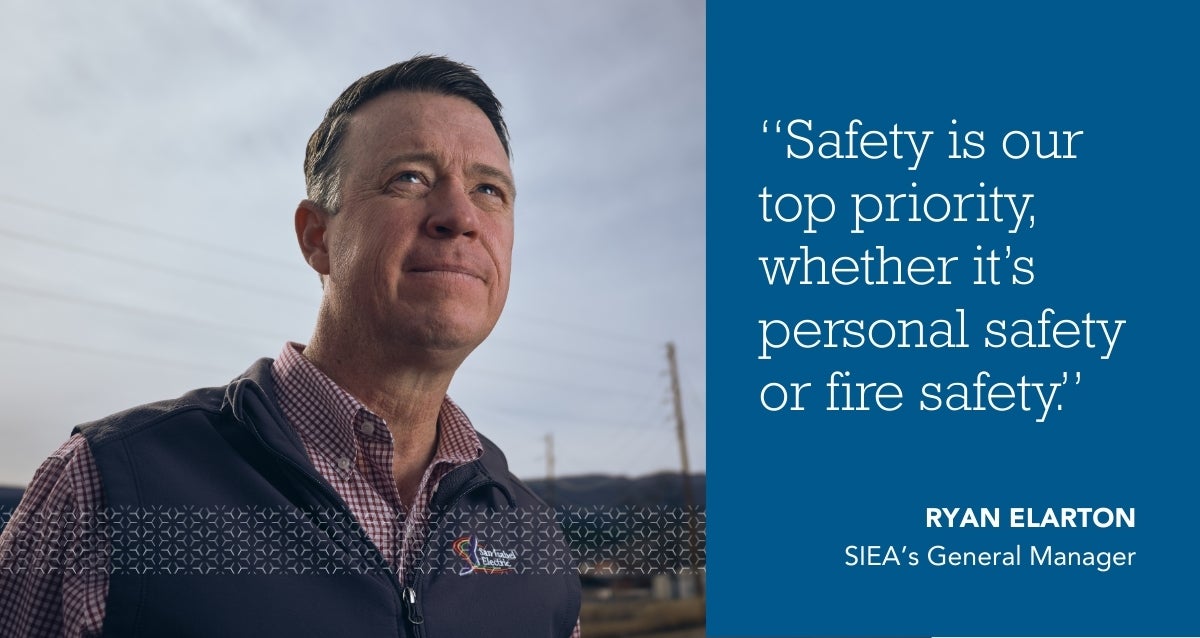 Quote card and close up of Ryan Elarton looking off in distance: "Safety is out top priority"