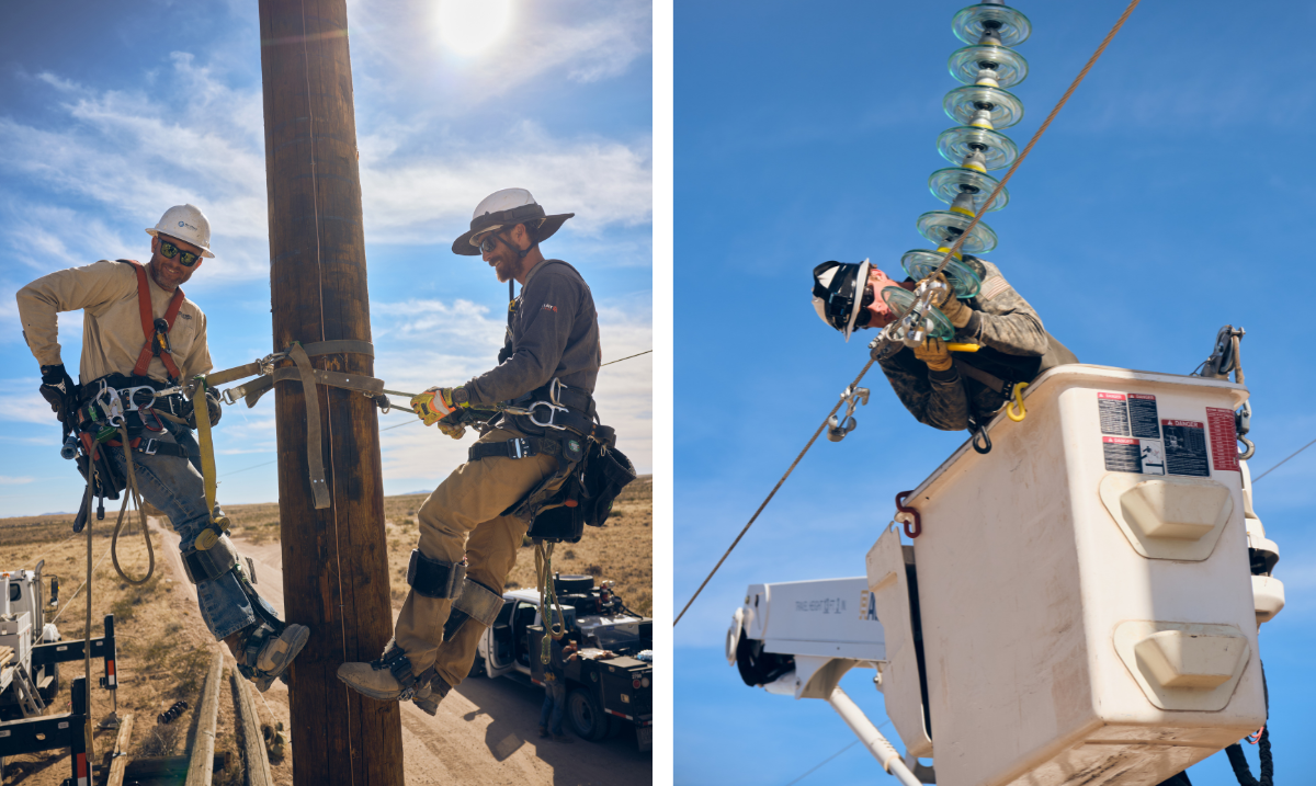 Two images: one of two team members climbing a pole; two of team member inserting an insulator