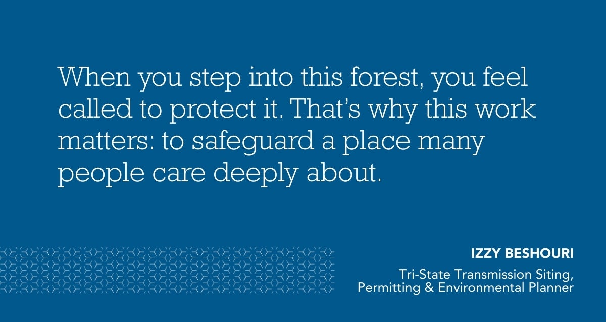 Quote card: “When you step into this forest, you feel called to protect it. That’s why this work matters: to safeguard a place many people care deeply about." Izzy Beshouri