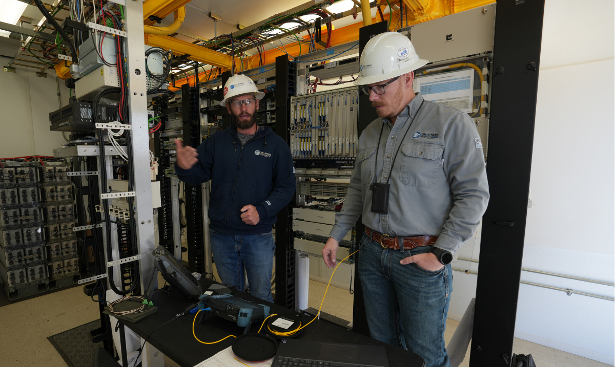 Nick Franklin and Jason Mckibben talking as they test equipment