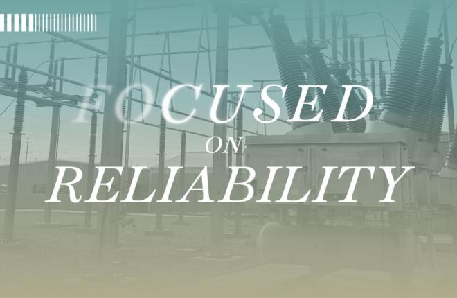 Light blue and gold background of grid with text: Focused on Reliability