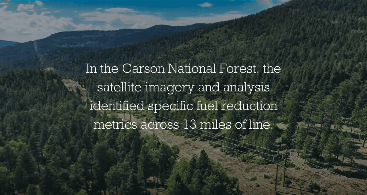A clear right-of-way around a transmission line surrounded by dense forest.