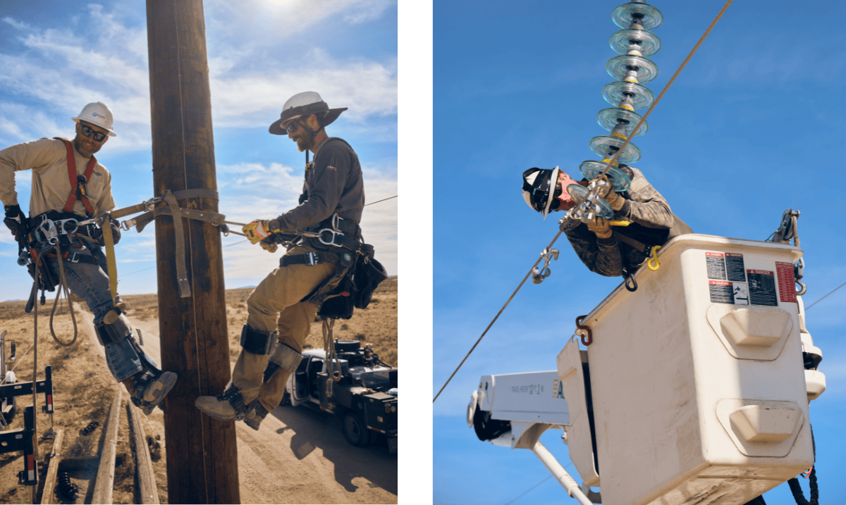 Two images: one of two team members climbing a pole; two of team member inserting an insulator 